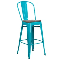 Merrick Lane Sarah 30" Metal Indoor-Outdoor Counter Stool with Vertical Slat Back, Integrated Footrest and Wood Seat