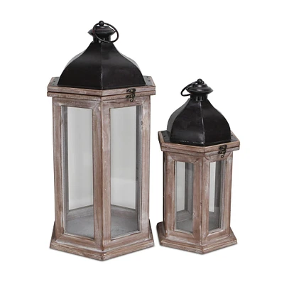 Contemporary Home Living Set of 2 Distressed Hexagonal Lantern with Metal Top 25"