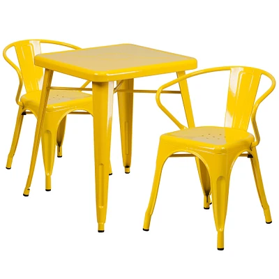 Emma and Oliver Commercial Grade 23.75" Square Metal Indoor-Outdoor Table Set with 2 Arm Chairs