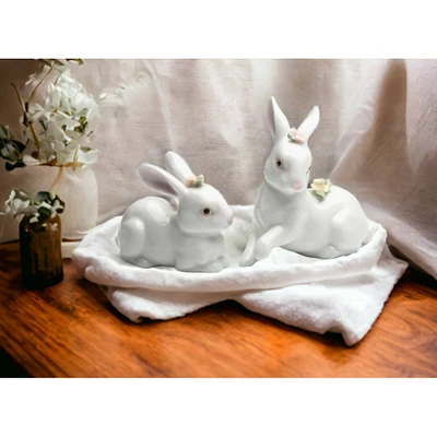 kevinsgiftshoppe Hand Crafted Ceramic Set Of 2 Bunny Rabbits Figurine, Spring Decor, Easter Decor, Home Decor, Gift for Her, Gift for Mom