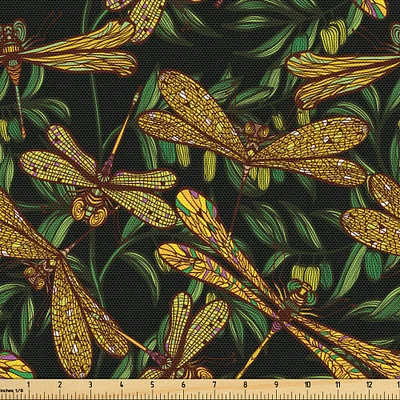 Ambesonne Dragonfly Fabric by the Yard, Pattern of Dragonflies and Green Olive Branches Mediterranean Nature Vibes, Decorative Fabric for Upholstery and Home Accents, 1 Yard, Dark Green