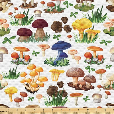 Ambesonne Mushroom Fabric by the Yard, Pattern Types of Mushrooms Wild Species Natural Organic Food Garden Theme, Decorative Fabric for Upholstery and Home Accents, 10 Yards, White Yellow