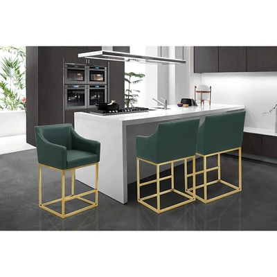 Iconic Home Etna Bar Stool or Counter Stool Chair PU Leather Upholstered Slope Arm Design Architectural Goldtone Solid Metal Base