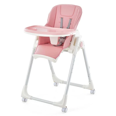 Babyjoy Foldable Highchair Baby Feeding Chair with 360° Rotating Wheels & Height Adjustment Grey/Beige/Pink