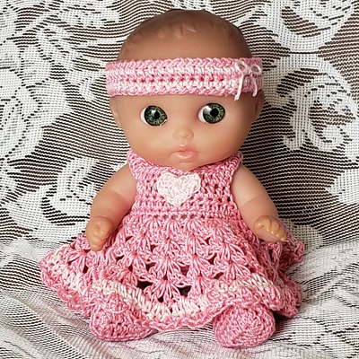 Valentine's Day Set for 5.5" Lil' Cutesies Mini Baby Doll - Sun Dress, T-Strap Shoes, Headband, and Panties - Handmade Crochet - French Rose