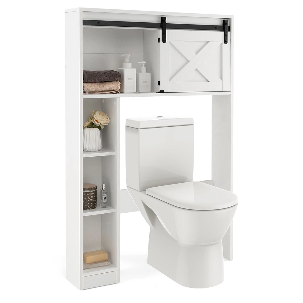 Costway Over the Toilet Bathroom Storage Cabinet with Sliding Barn Door & Shelves White