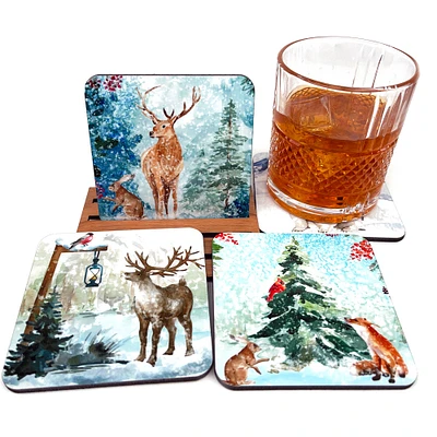 Winter Snow Christmas Animals Coasters, Set of Four Cork Backed Christmas Coasters Made in California with Free Shipping