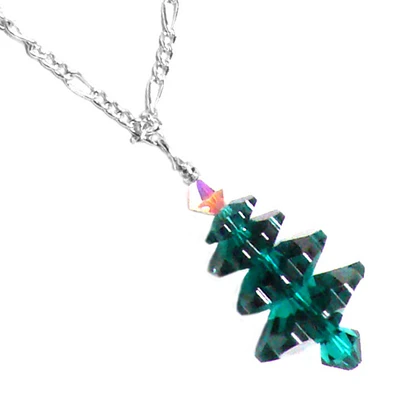Dark Green Austrian Crystal Christmas Tree Chain Necklace Sterling Silver