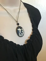 Hummingbird cameo necklace, large black cameo pendant, vintage style necklace, long brass chain, bird necklace, gift for her