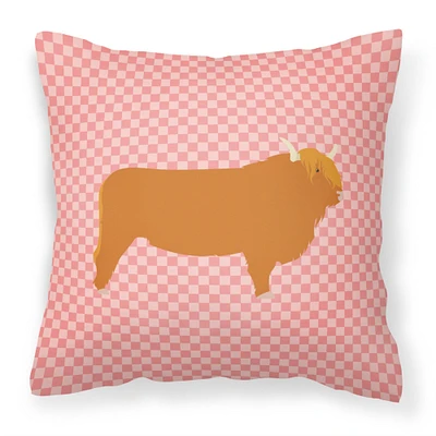 "Caroline's Treasures BB7820PW1414 Highland Cow Pink Check Outdoor Canvas Fabric Decorative Pillow, 14"" x 3"" x 14"""