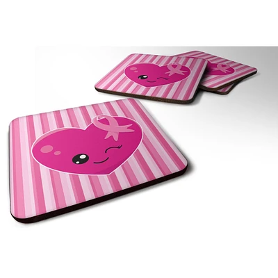 "Caroline's Treasures Breast Cancer Awareness Ribbon Heart Foam Coaster Set of 4, 3.5, Multicolor"