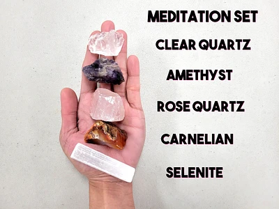 Meditation Crystal Set - Amethyst, Clear Quartz, Carnelian, Selenite, Rose Quartz