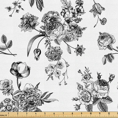 Ambesonne Black and White Fabric by the Yard, Vintage Floral Pattern Victorian Classic Royal Inspired New Modern Art, Decorative Fabric for Upholstery and Home Accents, 10 Yards, White and Black