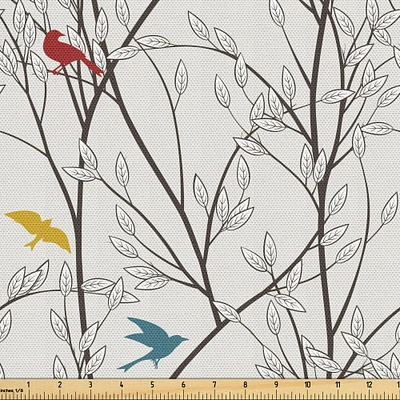 Ambesonne Nature Fabric by the Yard, Birds Wildlife Cartoon Like Image with Tree Leaf Art Print, Decorative Fabric for Upholstery and Home Accents, 1 Yard, Mustard Maroon