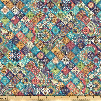 Ambesonne Bohemian Fabric by the Yard, Geometric Pattern Ornamental Floral Folk Art Abstract, Decorative Fabric for Upholstery and Home Accents, 2 Yards, Multicolor