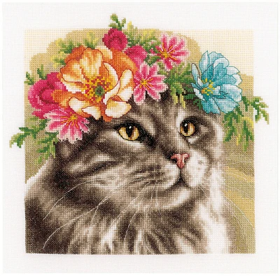 LanArte Counted Cross Stitch Kit 11.6"X11.6"-Flower Crown Maine Coon II (14 Count)