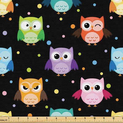 Ambesonne Owls Fabric by the Yard, Colorful Birds with Different Expressions Funny Confused Serious Characters Dots, Decorative Fabric for Upholstery and Home Accents, 1 Yard, Black Multicolor