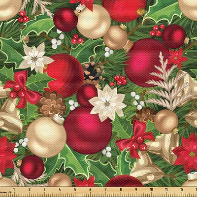 Ambesonne Christmas Fabric by the Yard, Tree Branches Spruce Leaves Balls Bells Cones Poinsettia Flowers Mistletoe Berry, Decorative Fabric for Upholstery and Home Accents, 1 Yard, Ruby Green