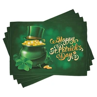 Ambesonne St. Patrick's Day Place Mats Set of 4, Large Pot of Gold Leprechaun Hat Shamrocks Greetings 17th March, Washable Fabric Placemats for Dining Table, Standard Size, Yellow and Emerald