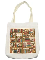 Ambesonne Cat Tote Bag, Nerd Book Lover Kitty Sleeping over Bookshelf Library Academics Feline Boho Design, Cloth Linen Reusable Bag for Shopping Books Beach and More, 16.5" X 14", Multicolor