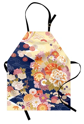 Ambesonne Japanese Apron, Traditional Kimono Motifs Composition Floral Patterns Vintage Art, Unisex Kitchen Bib with Adjustable Neck for Cooking Gardening, Adult Size, Multicolor