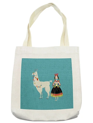 Ambesonne Llama Tote Bag, Peruvian Woman Knitting with a White Alpaca Wrapped with Flower Colorful Illustration, Cloth Linen Reusable Bag for Shopping Books Beach and More, 16.5" X 14", Multicolor