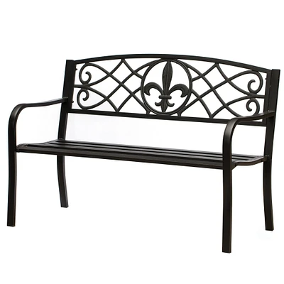 Gardenised Outdoor Garden Patio Steel Park Bench Lawn Decor with Cast Iron Unique Design Back, Black Seating Bench for Yard, Patio,