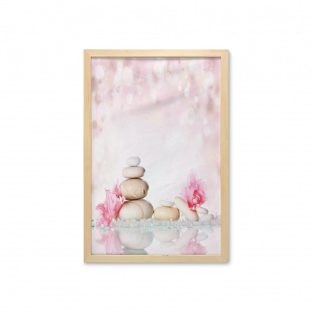 Ambesonne Spa Wall Art with Frame, Bohemian Stones and Soft Petals Therapy Tradition  Yoga Picture, Printed Fabric Poster for Bathroom Living Room Dorms, 23" x 35", Pale Pink Peach