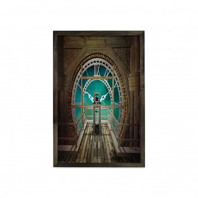 Ambesonne Steampunk Framed Wall Art, Fantasy Background Print of Inside View of Clock Tower Wooden Mezzanine, Fabric Poster with Carbonized Tone Wood Frame Home Decor, 23" x 35", Pale Brown Turquoise