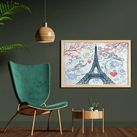 Ambesonne Paris Wall Art with Frame, Outline Eiffel Tower Swirling Flowers and Hearts Romantic Pastel Toned Design, Printed Fabric Poster for Bathroom Living Room Dorms, 35" x 23", Blue and Coral