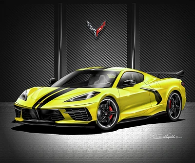 C8 Chevrolet Corvette Stingray Art Prints by Danny Whitfield | ACCELRATE YELLOW - BLACK FIVE SPOKE WHEELS | Car Enthusiast Wall Art