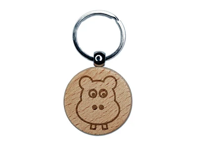 Cute Hippopotamus Face Engraved Wood Round Keychain Tag Charm