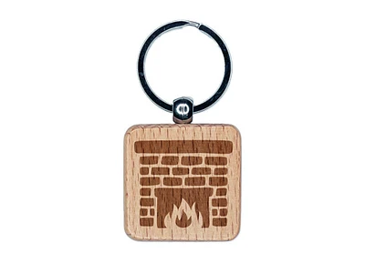 Stone Brick Fireplace Engraved Wood Square Keychain Tag Charm