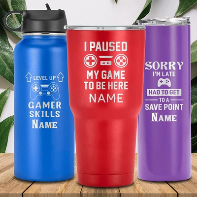 Personalized Gamer Tumbler, Gaming Gift, Laser Engraved Game Lover Travel Cup, Custom Drinkware