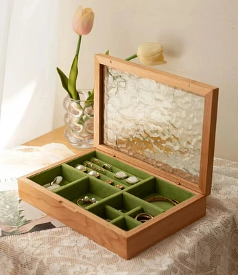 Solid Wood Vintage Glass Jewelry Box, Large Wooden Jewelry Box, High-end Exquisite Jewelry Wooden Storage Box, Gift for Women