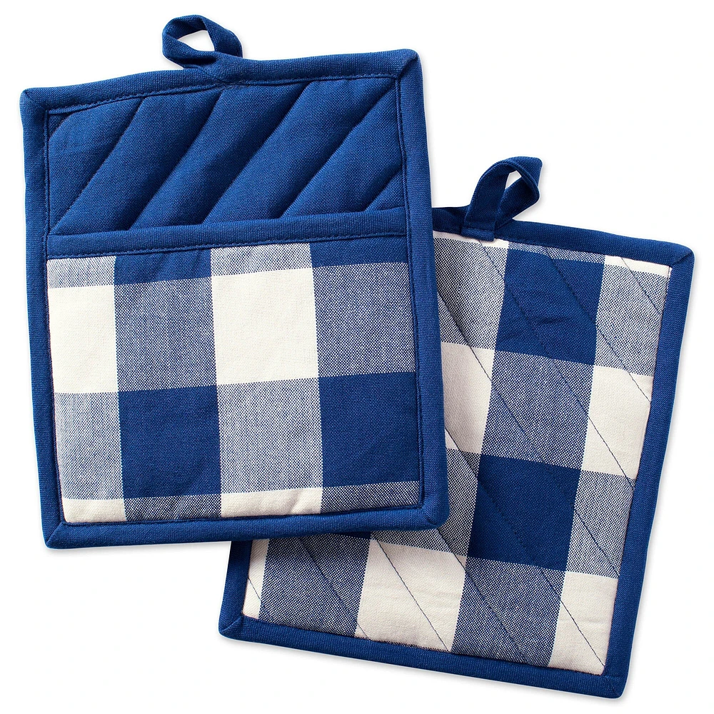 CC Home Furnishings Set of 2 Navy Blue and White Buffalo Check Patterned Potholders 9"