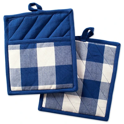 CC Home Furnishings Set of 2 Navy Blue and White Buffalo Check Patterned Potholders 9"