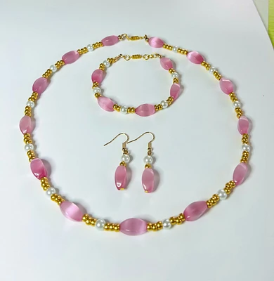 Pink cat's eye glass twist 16mm beads and 6mm white pearls - necklace, earrings, bracelet