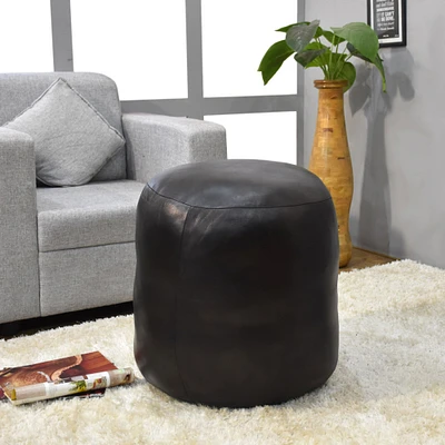 BBH Homes Handmade Black Round Shaped Leather Pouf Ottomans BBBACPF0012