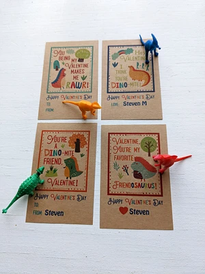 Dinosaur Personalized Valentine for kids classroom school with Toy non candy, Printed Custom Dino Valentines Day Card for boys girls