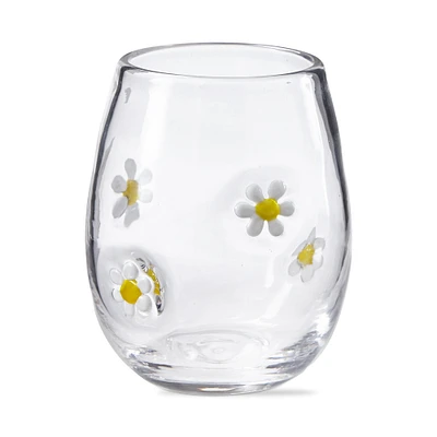 16 oz. Flower Clear Glass Yellow and White Daisy Flower Stemless Wine Drinkware