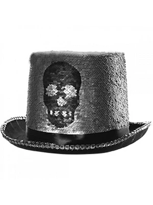 Reversible Silver Sequin Skull Top Hat Costume Accessory