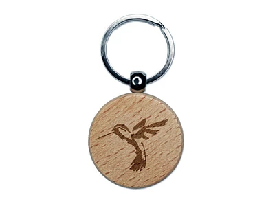 Hummingbird Sketch Engraved Wood Round Keychain Tag Charm