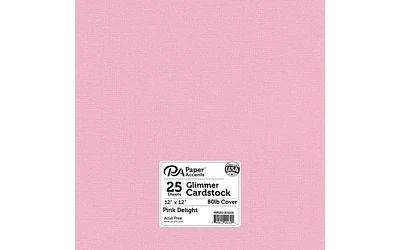 PA Paper Accents Glimmer Cardstock 12" x 12" Pink Delight, 80lb colored cardstock paper for card making, scrapbooking, printing, quilling and crafts, 25 piece pack