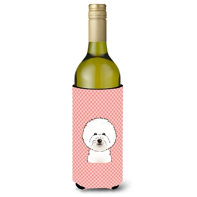 Checkerboard Pink Bichon Frise Wine Bottle Beverage Insulator Hugger BB1217LITERK