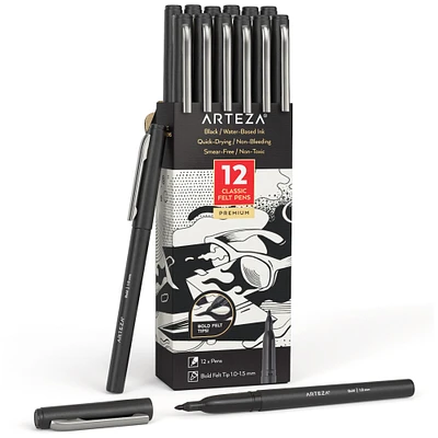 Arteza Set of 12pcs, Classic Felt Pens Black, Fiber tip