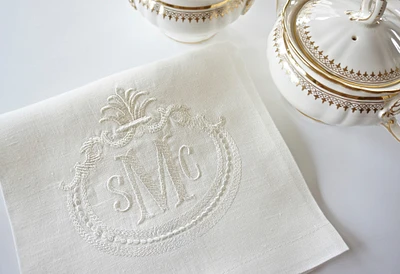 FRENCH ANTIQUE FRAME with Monogram Embroidered Linen Cloth Napkins and Guest Bath Hand Towels - Wedding Keepsake