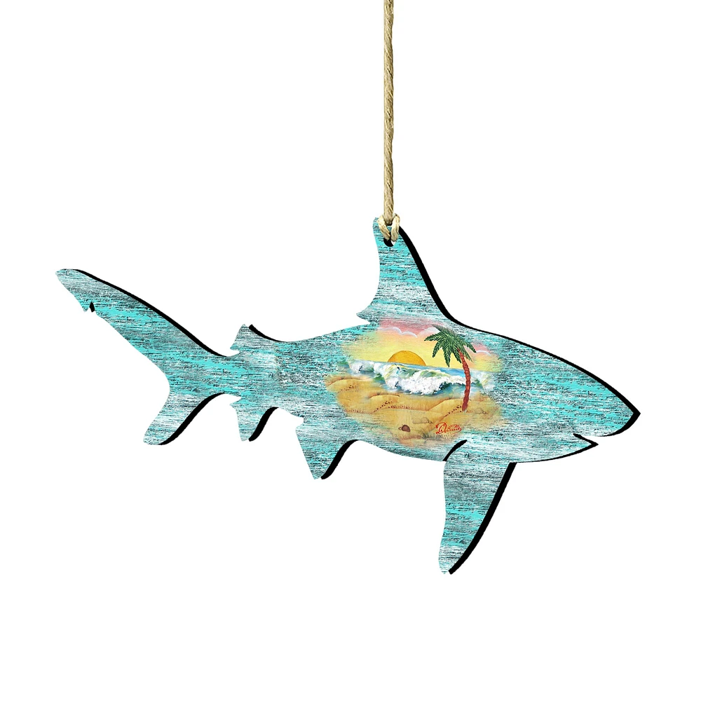 Designocracy Set of 2 Shark Beach Scene Wooden Christmas Ornaments 5.5"