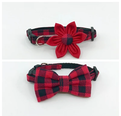 Red And Black Checkered Buffalo Plaid Dog Collar With Optional Bow Tie Or Flower Adjustable Pet Collar, Size XS, S, M, L