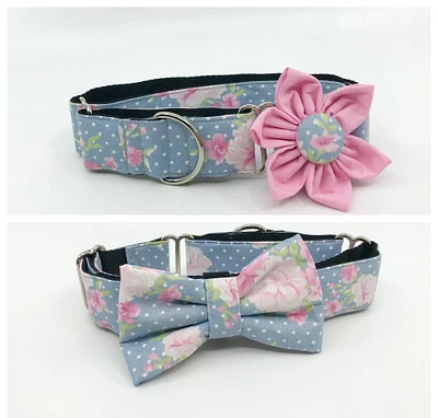 Martingale Dog Collar With Optional Flower Or Bow Tie Pink Roses On Gray Polka Dot Adjustable Slip On Collar Sizes S, M, L